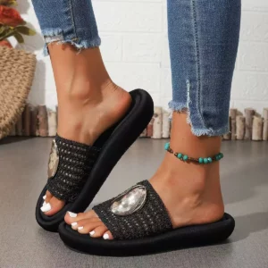 new women hollowed out breathable toe cap half drag thick sole temperament metal decoration versatile fashion beach slippers - Image 6