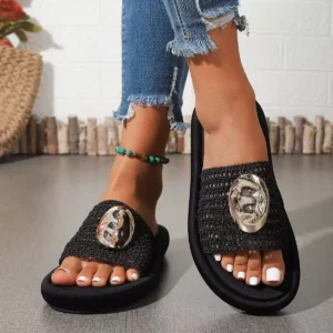 new women hollowed out breathable toe cap half drag thick sole temperament metal decoration versatile fashion beach slippers - Image 4