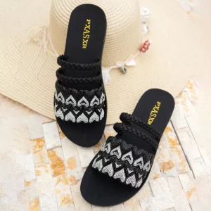 PXASXR Women's Flat Sandals Heart Rhinestone And Woven Strap Design Summer Outdoor Casual Vacation Beach Slippers - Image 7