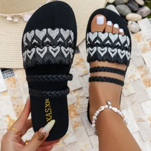 PXASXR Women's Flat Sandals Heart Rhinestone And Woven Strap Design Summer Outdoor Casual Vacation Beach Slippers - Image 5