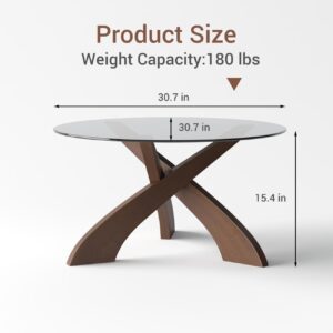 Glass Coffee Table, 30.7” Round Coffee Table with Tempered Glass Top, Walnut Wood X-Shaped Base, Stable Modern Center Table for Living Room, Apartment and Small Spaces - Image 2