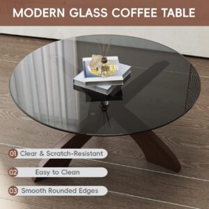 Glass Coffee Table, 30.7” Round Coffee Table with Tempered Glass Top, Walnut Wood X-Shaped Base, Stable Modern Center Table for Living Room, Apartment and Small Spaces - Image 3