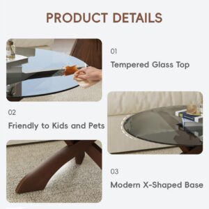 Glass Coffee Table, 30.7” Round Coffee Table with Tempered Glass Top, Walnut Wood X-Shaped Base, Stable Modern Center Table for Living Room, Apartment and Small Spaces - Image 4
