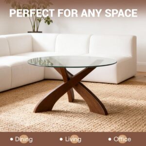 Glass Coffee Table, 30.7” Round Coffee Table with Tempered Glass Top, Walnut Wood X-Shaped Base, Stable Modern Center Table for Living Room, Apartment and Small Spaces - Image 5