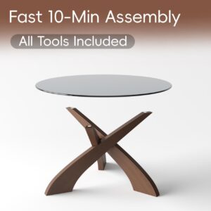 Glass Coffee Table, 30.7” Round Coffee Table with Tempered Glass Top, Walnut Wood X-Shaped Base, Stable Modern Center Table for Living Room, Apartment and Small Spaces - Image 6