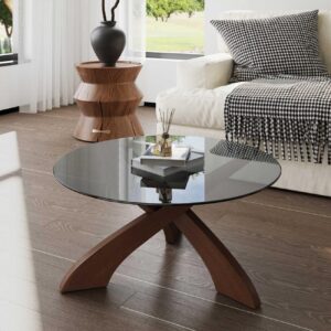 Glass Coffee Table, 30.7” Round Coffee Table with Tempered Glass Top, Walnut Wood X-Shaped Base, Stable Modern Center Table for Living Room, Apartment and Small Spaces - Image 7
