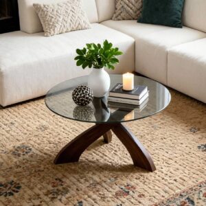 Glass Coffee Table, 30.7” Round Coffee Table with Tempered Glass Top, Walnut Wood X-Shaped Base, Stable Modern Center Table for Living Room, Apartment and Small Spaces - Image 8
