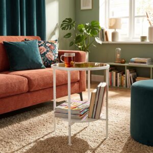 2 Tier Round Side Table with Tempered Amber Glass Top, White Metal End Table for Small Spaces, Bedroom, Living Room,Cute Retro Aesthetic Nightstand, Modern Vibe Accent Table for Plant & Decor - Image 6