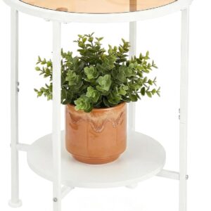 2 Tier Round Side Table with Tempered Amber Glass Top, White Metal End Table for Small Spaces, Bedroom, Living Room,Cute Retro Aesthetic Nightstand, Modern Vibe Accent Table for Plant & Decor - Image 7