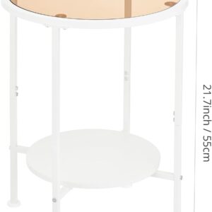 2 Tier Round Side Table with Tempered Amber Glass Top, White Metal End Table for Small Spaces, Bedroom, Living Room,Cute Retro Aesthetic Nightstand, Modern Vibe Accent Table for Plant & Decor - Image 9