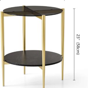 Round Glass End Table, Mid-Century Modern Design Sofa Table for Living Room, D18 x H23 in, 2-Tier Structure, Grey Glass Top and Black Marble Shelf, Sleek Conical Legs with Gold Finish Frame - Image 2