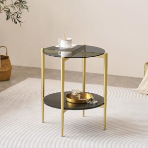 Round Glass End Table, Mid-Century Modern Design Sofa Table for Living Room, D18 x H23 in, 2-Tier Structure, Grey Glass Top and Black Marble Shelf, Sleek Conical Legs with Gold Finish Frame - Image 3