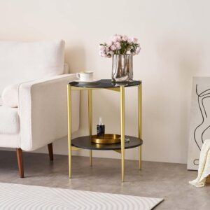 Round Glass End Table, Mid-Century Modern Design Sofa Table for Living Room, D18 x H23 in, 2-Tier Structure, Grey Glass Top and Black Marble Shelf, Sleek Conical Legs with Gold Finish Frame - Image 4