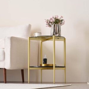 Round Glass End Table, Mid-Century Modern Design Sofa Table for Living Room, D18 x H23 in, 2-Tier Structure, Grey Glass Top and Black Marble Shelf, Sleek Conical Legs with Gold Finish Frame - Image 5