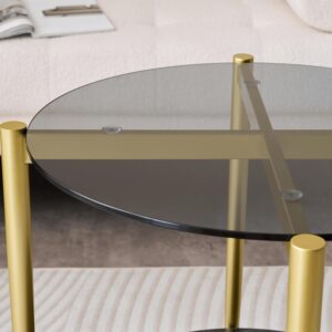 Round Glass End Table, Mid-Century Modern Design Sofa Table for Living Room, D18 x H23 in, 2-Tier Structure, Grey Glass Top and Black Marble Shelf, Sleek Conical Legs with Gold Finish Frame - Image 6