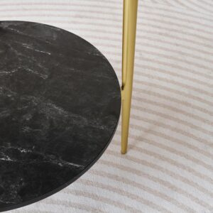 Round Glass End Table, Mid-Century Modern Design Sofa Table for Living Room, D18 x H23 in, 2-Tier Structure, Grey Glass Top and Black Marble Shelf, Sleek Conical Legs with Gold Finish Frame - Image 7