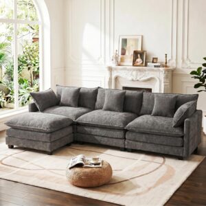 Modular Sectional Cloud Couch with Ottoman, Deep Seat 4-Seat 3 Layer Cushion Modern Chenille Fabric Sofa with Pillow for Living Room, Apartment, Grey - Image 1