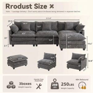 Modular Sectional Cloud Couch with Ottoman, Deep Seat 4-Seat 3 Layer Cushion Modern Chenille Fabric Sofa with Pillow for Living Room, Apartment, Grey - Image 2