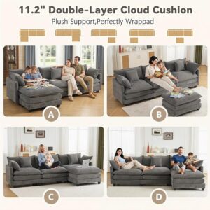 Modular Sectional Cloud Couch with Ottoman, Deep Seat 4-Seat 3 Layer Cushion Modern Chenille Fabric Sofa with Pillow for Living Room, Apartment, Grey - Image 3