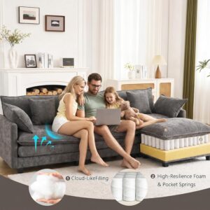 Modular Sectional Cloud Couch with Ottoman, Deep Seat 4-Seat 3 Layer Cushion Modern Chenille Fabric Sofa with Pillow for Living Room, Apartment, Grey - Image 5