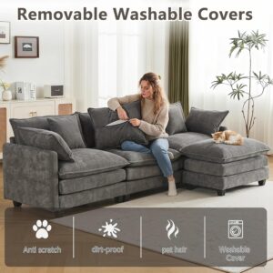 Modular Sectional Cloud Couch with Ottoman, Deep Seat 4-Seat 3 Layer Cushion Modern Chenille Fabric Sofa with Pillow for Living Room, Apartment, Grey - Image 6