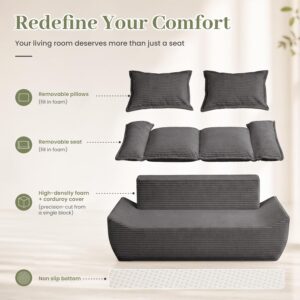 55" Convertible Corduroy Sofa Bed, Boneless Foldable Loveseat Sleeper Couch, Compressed Foam Floor Sofa with Removable Cushions & Pillows for Small Space Living Room - Image 6