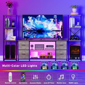 LED TV Stand Bookshelf Combo with Charging Station for 65 60 55 Inch TV, Entertainment Center with Lights & Drawers, Industrial Media TV Console Table for Living Room Bedroom Office, Greige - Image 3