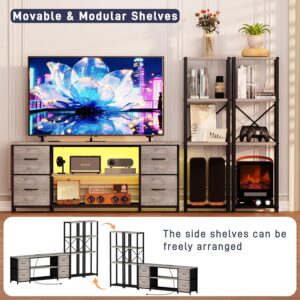 LED TV Stand Bookshelf Combo with Charging Station for 65 60 55 Inch TV, Entertainment Center with Lights & Drawers, Industrial Media TV Console Table for Living Room Bedroom Office, Greige - Image 5