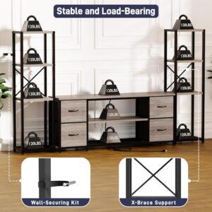 LED TV Stand Bookshelf Combo with Charging Station for 65 60 55 Inch TV, Entertainment Center with Lights & Drawers, Industrial Media TV Console Table for Living Room Bedroom Office, Greige - Image 6