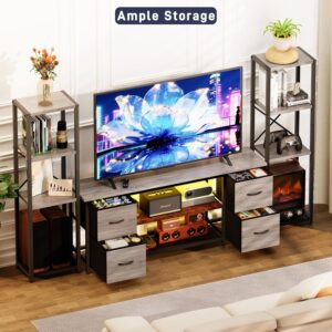 LED TV Stand Bookshelf Combo with Charging Station for 65 60 55 Inch TV, Entertainment Center with Lights & Drawers, Industrial Media TV Console Table for Living Room Bedroom Office, Greige - Image 7