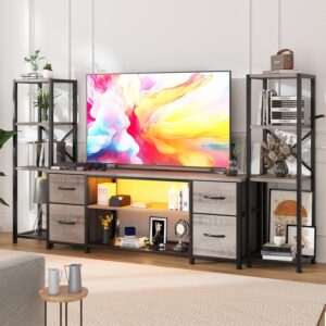 LED TV Stand Bookshelf Combo with Charging Station for 65 60 55 Inch TV, Entertainment Center with Lights & Drawers, Industrial Media TV Console Table for Living Room Bedroom Office, Greige - Image 8