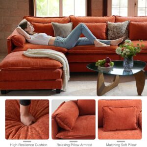 150" U Shaped Cloud Couch Sectional, Comfy Cloud Modular Sofa with Movable Ottoman, 7-Seat Deep Seat Modern Cloud Sofa, Couches for Living Room, Bedroom and Apartment, Chenille, Orange - Image 2