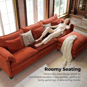 150" U Shaped Cloud Couch Sectional, Comfy Cloud Modular Sofa with Movable Ottoman, 7-Seat Deep Seat Modern Cloud Sofa, Couches for Living Room, Bedroom and Apartment, Chenille, Orange - Image 6