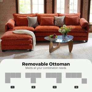 150" U Shaped Cloud Couch Sectional, Comfy Cloud Modular Sofa with Movable Ottoman, 7-Seat Deep Seat Modern Cloud Sofa, Couches for Living Room, Bedroom and Apartment, Chenille, Orange - Image 7