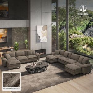 HERA'S HOUSE 158" Oversized Modular Sectional Sofa, Comfy U Shaped Couches for Living Room, Cloud Couch with Ottoman, 6-Seater Deep Seat Sofa with Throw Pillow, Chenille Ash - Image 9