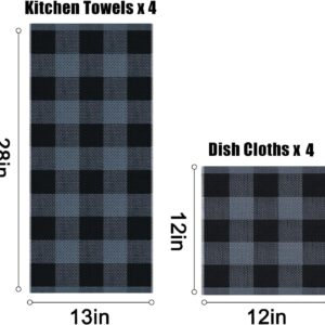 Homaxy Kitchen Towels and Dishcloths Set, 12 x 12 and 13 x 28 Inches, Set of 8 100% Cotton Waffle Weave Check Plaid Kitchen Dish Towels, Super Soft and Absorbent Dish Cloths, Black & Grey - Image 3