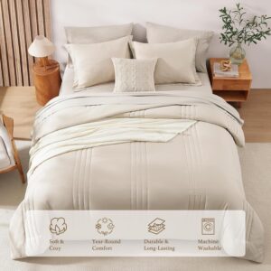Monbix Queen Comforter Set - 7 Pieces Beige Bed in a Bag Queen Bedding Sets with Comforters, All Seasons Comforter Bed Set with Sheets, Pillowcases & Shams - Image 3