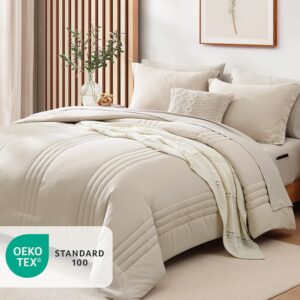Monbix Queen Comforter Set - 7 Pieces Beige Bed in a Bag Queen Bedding Sets with Comforters, All Seasons Comforter Bed Set with Sheets, Pillowcases & Shams - Image 4