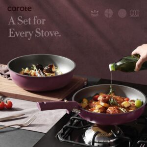 CAROTE 21pcs Pots and Pans Set, Nonstick Cookware Set Detachable Handle, Induction Kitchen Cookware Sets Non Stick with Removable Handle, RV Cookware Set, Gold and Purple - Image 4