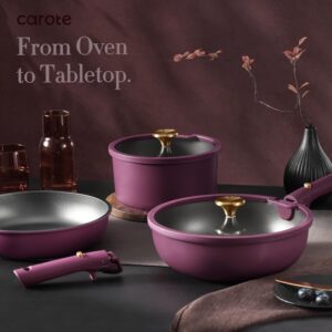 CAROTE 21pcs Pots and Pans Set, Nonstick Cookware Set Detachable Handle, Induction Kitchen Cookware Sets Non Stick with Removable Handle, RV Cookware Set, Gold and Purple - Image 6