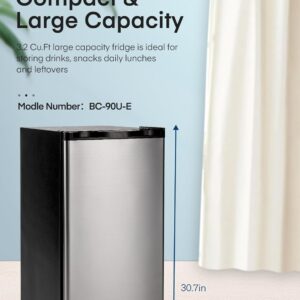 FOHERE 3.2 Cu. Ft Small Refrigerator with Freezer, Compact Mini Fridge with 7 Level Temperature Control, Removable Glass Shelves for Bedroom, Office, Dorm, Stainless Steel, BC-90U-E - Image 2