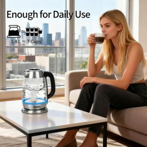 Electric Glass Kettle 1.8L, 1200W Fast Boil for Tea & Coffee, Auto Shut-Off & Boil-Dry Protection, BPA-Free, 304 Stainless Steel & Borosilicate Glass, Removable Lid for Easy Cleaning - Image 4