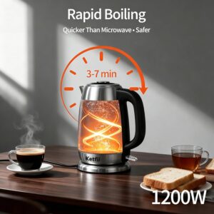 Electric Glass Kettle 1.8L, 1200W Fast Boil for Tea & Coffee, Auto Shut-Off & Boil-Dry Protection, BPA-Free, 304 Stainless Steel & Borosilicate Glass, Removable Lid for Easy Cleaning - Image 5