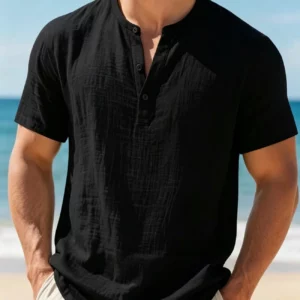 Men's Cotton Linen Henley Short Sleeve T Shirt Lightweight Breathable Solid Color Casual Loose Fit Summer Beach Vacation Top - Image 7
