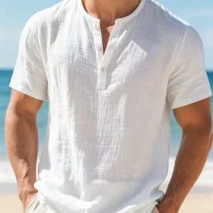 Men's Cotton Linen Henley Short Sleeve T Shirt Lightweight Breathable Solid Color Casual Loose Fit Summer Beach Vacation Top - Image 6