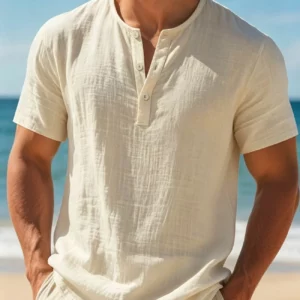 Men's Cotton Linen Henley Short Sleeve T Shirt Lightweight Breathable Solid Color Casual Loose Fit Summer Beach Vacation Top - Image 5