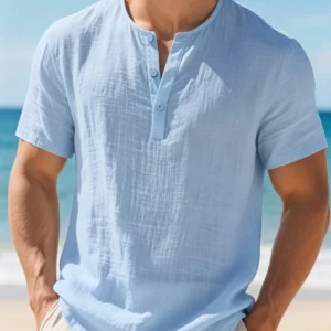 Men's Cotton Linen Henley Short Sleeve T Shirt Lightweight Breathable Solid Color Casual Loose Fit Summer Beach Vacation Top - Image 4