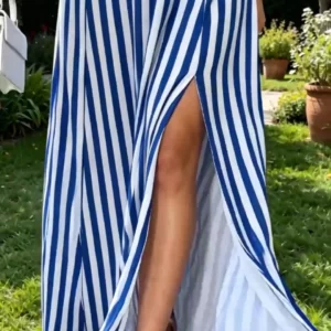 Women Plus Size Blue White Striped Maxi Dress Square Neck Wide Strap Back Elastic Smocked High Waist Side Split A Line Swing Lon - Image 6