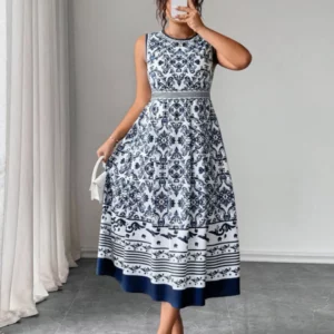 Plus Size Navy Blue White Floral Print Midi Dress Women Round Neck Sleeveless A-Line Casual Summer Dress - Image 1