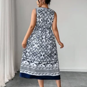 Plus Size Navy Blue White Floral Print Midi Dress Women Round Neck Sleeveless A-Line Casual Summer Dress - Image 7